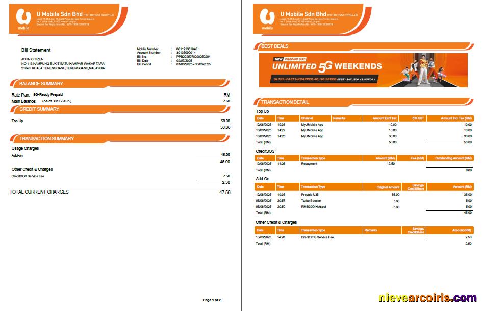 Malaysia U Mobile utility bill, 2 pages, version 2